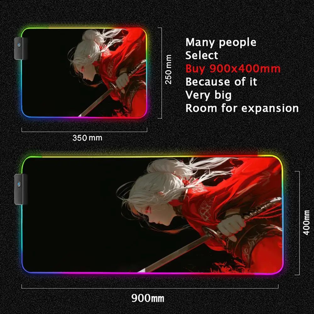 RGB Large Gaming Mouse Pad with LED Backlit - Samurai Anime Girl Design