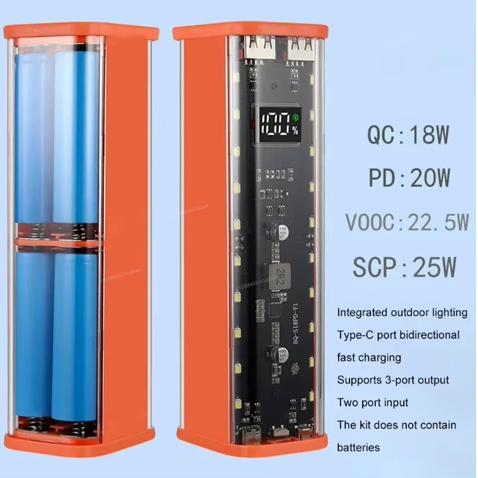  8x18650 Power Bank Case PD 22.5W Fast Charging LED Screen Transparent Battery Storage Box USB+Type-C Port For iPhone Samsung 