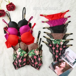 2023 New sexy Luxury rhinestone bra statement chain strap lingerie thong set VS small chest gathered print solid color lingerie