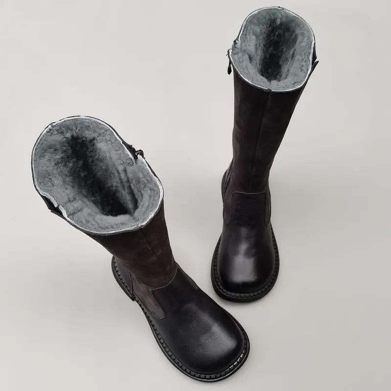 

Winter Genuine Cow Leather Real Wool Knight Boots Women Knee-high Sheepskin Soft Sole Cotton Boots Zipper Flats Shoes