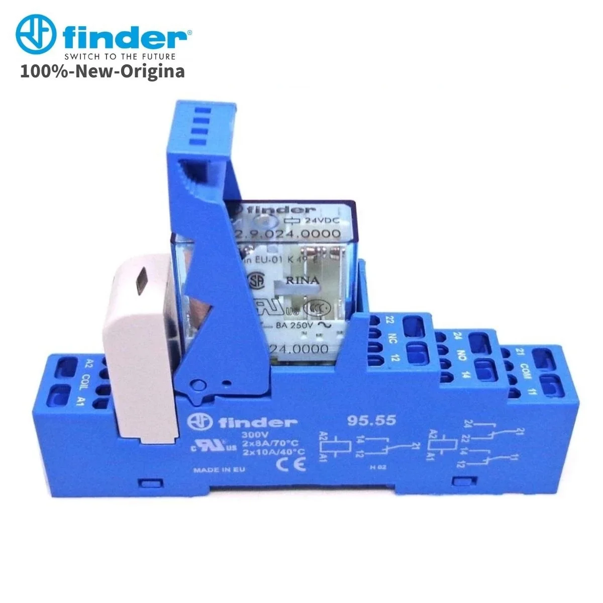 

FINDER 100%-NEW 48.72.9.024.0050 48.72.8.230.0060 (48.72=BASE95.55+LED99.02+ RELAY40.52) 24VDC 230VAC 8A 2CO Screwless original