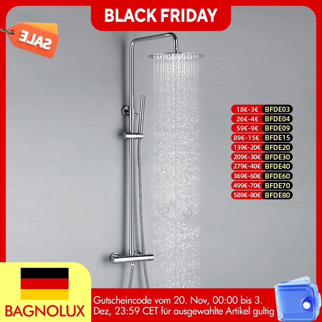 ชุดฝักบัวอาบน้ำChrome Matte Black Rainก๊อกน้ำติดผนังThermostaticวาล์วระบบ 8 - 12 "Topหัวสเปรย์ 1