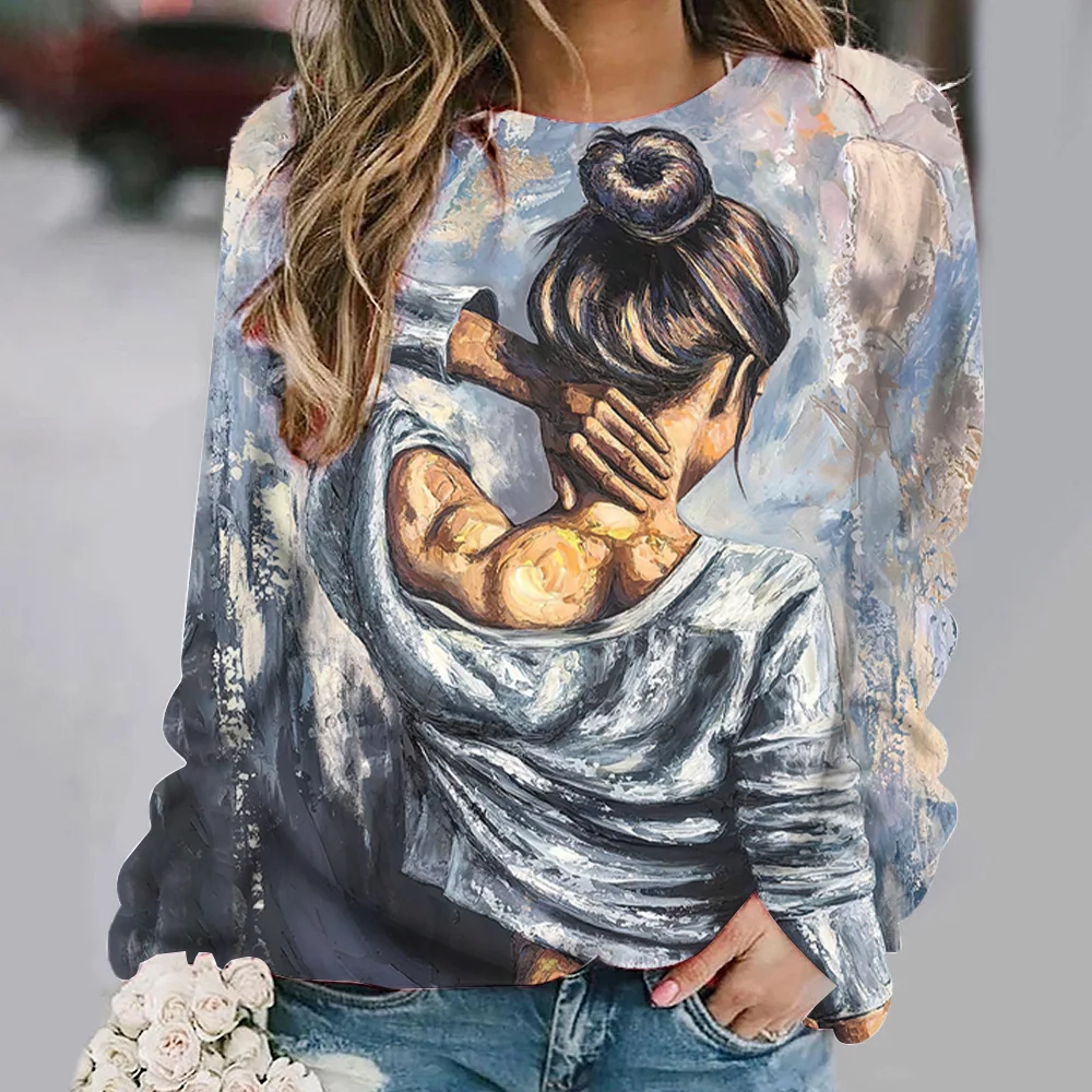 Fashion Women's  Long Sleeves Sweatshirt Oil Painting Girl Back Print y2kTops Autumn Loose Oversized Pullovers Woman Clothing папка конверт а4 на кнопке girl s oil painting