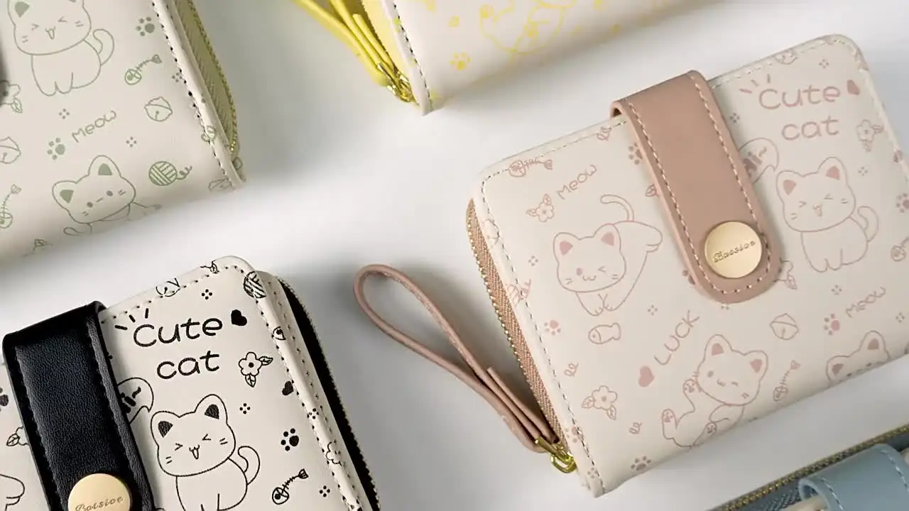 귀여운 고양이 캐릭터 여성 학생 카드지갑 지폐 코인 지갑 밴드 지퍼 지갑 여성 키 저장 지갑 코인 지갑