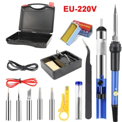 Adjustable Temperature Electric Soldering Iron Kit - 60W Multifunction Welding & Repair Tool Station (Blue 16pcs a set)