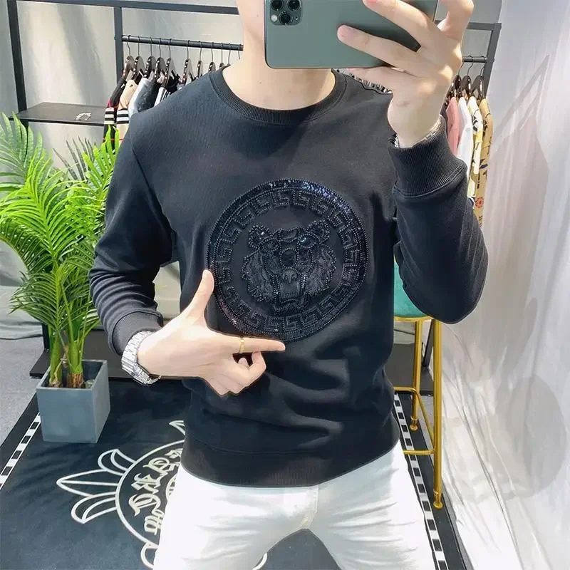 thumbnail image 1 of Camiseta de cuello redondo para hombre, camiseta New Rock para hombre, sudaderas de gran tamaño con diamantes de imitación gráficos, camiseta informal de elasticidad extragrande, 1 of 4