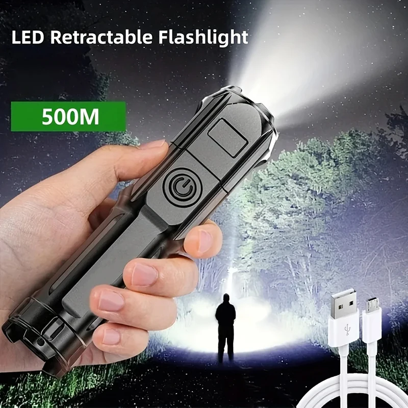 Powerful LED Flashlight Telescopic Zoom Tactical Torch USB Charging Spotlight 4 Lighting Mode Long-Range ABS Outdoor Flashlight