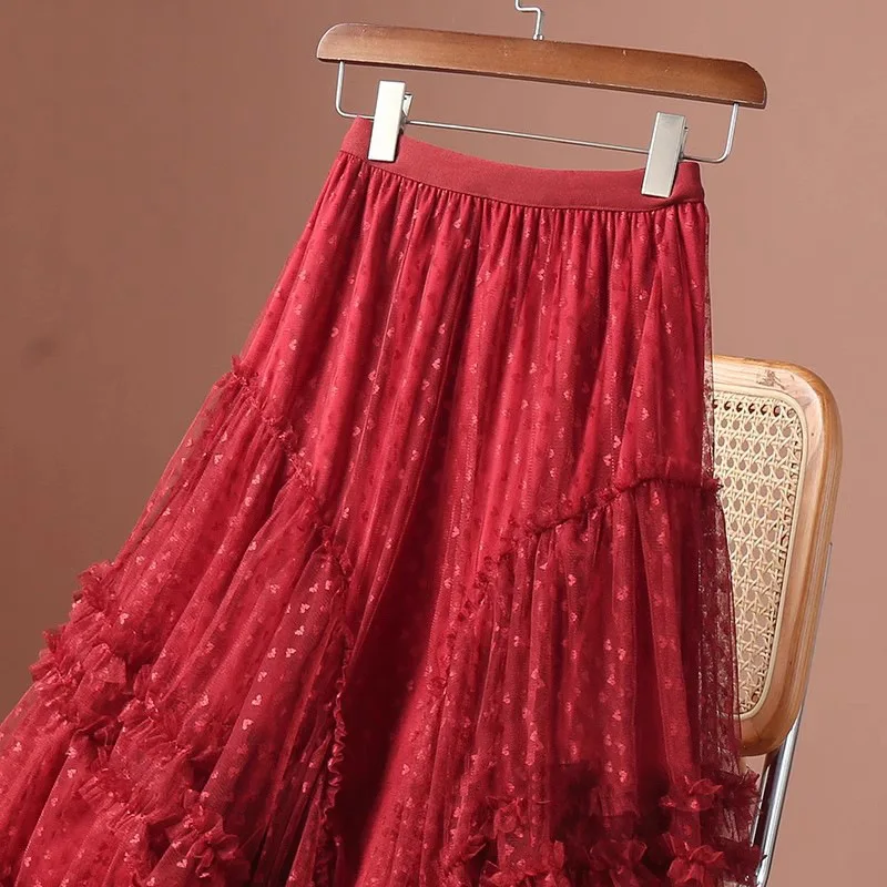 Boho Queens Women Irregular Hem High Waist Pleated embroidery Maxi Skirt Fashion Mesh Loose Puffy Skirt Fairy Cake Skirts