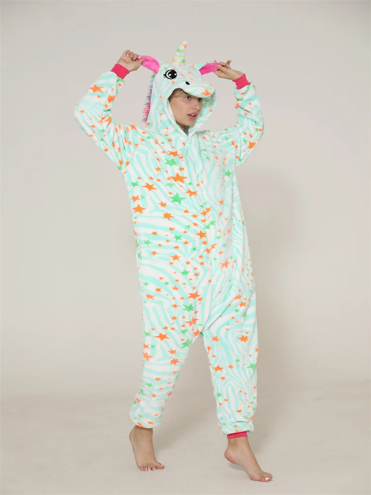 Autumn and Winter Adult Women Couple Flannel Hooded Kigurumi Unicorn Cartoon Animal Pink One-piece Pajamas Outdoor Loungewear