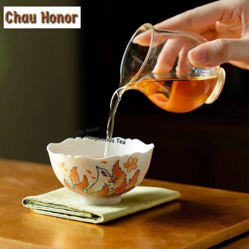 95ml Pure Hand-drawn Nine-tailed Fox Teacup Vintage Tea Bowl Cute Cup Tea-tasting Smelling Cup Jianzhan Master Cups Drinkware