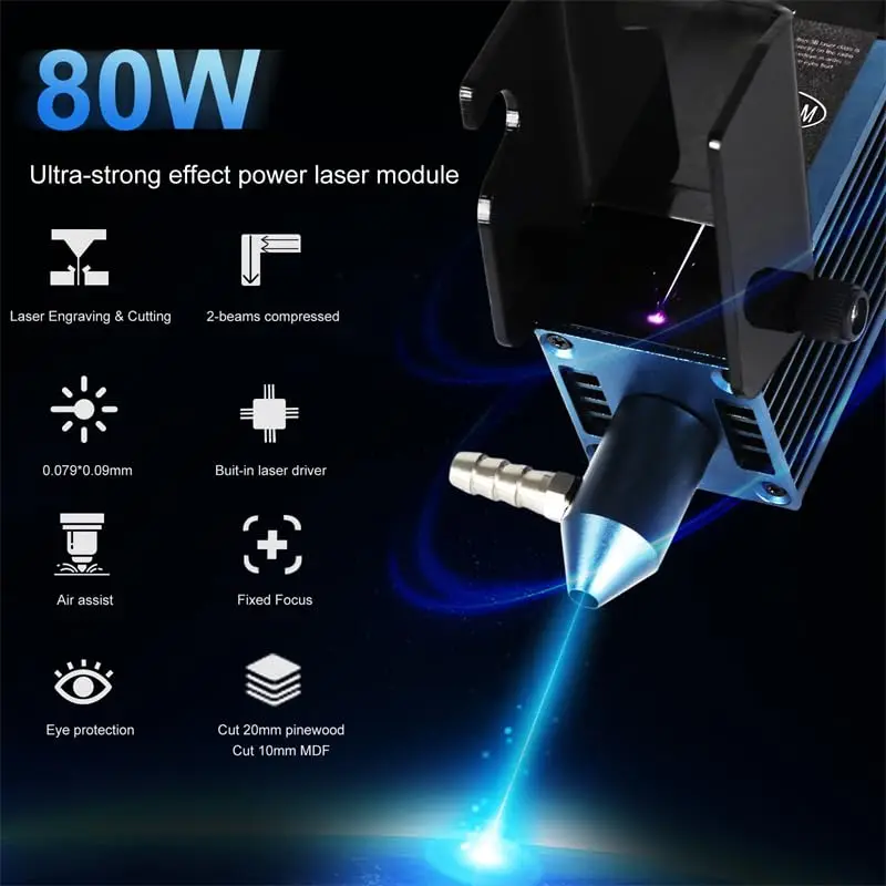 AENBUSLM 10W laser module with air pump assistance, 80W laser engraving cutting module for cutters and engravers, double ultra-fine compression point CNC engraving cutting MDF board 5 mm and pine board 20mm