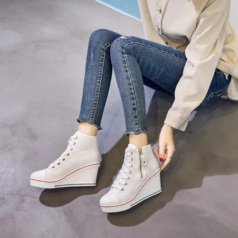 

8CM Wedge Canvas Shoes Woman Platform Vulcanized Shoes Hidden Heel Height Increasing Casual Shoes Female High Help Side Zipper