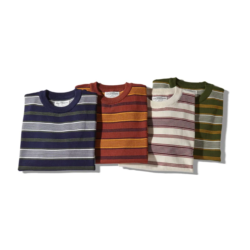 OKONKWO New Thick and Heavy Knitted Stripe T-shirt with Round Neck and Inter Strip Knitted Tee Outdoor Ball Game Golf Sports Top