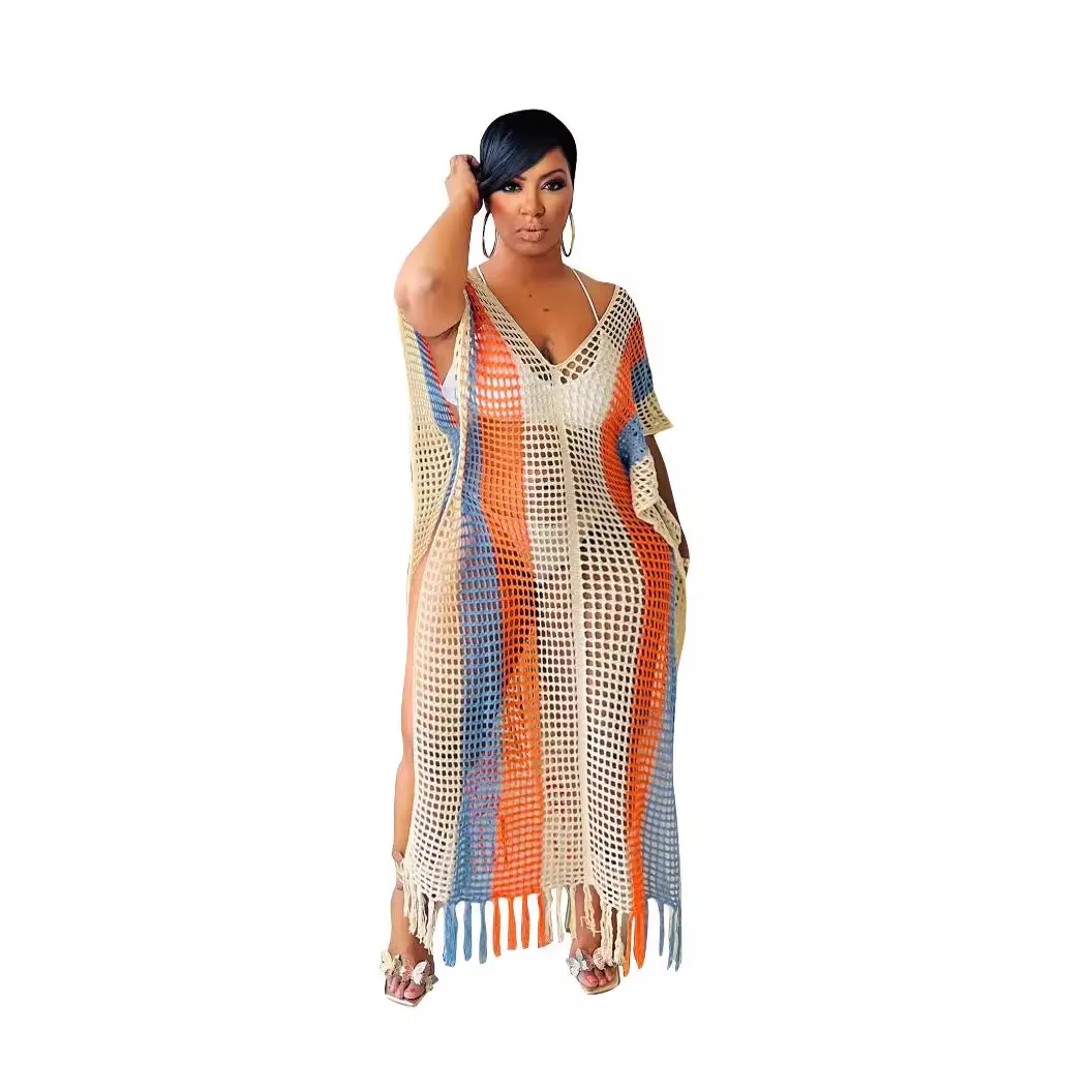 

Beach Style Knit Long Dresses Striped Short Sleeves V Neck Beach Dresses Summer Hollow Out Splits Cover Ups for Swimwear Women