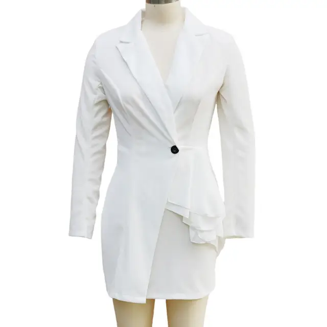 Robe de costume élégante pour femmes, nouvelle mode, couleur unie, manches longues, boutons crantés, volants, paquet de hanche, Mini robe de costume de bureau pour dames