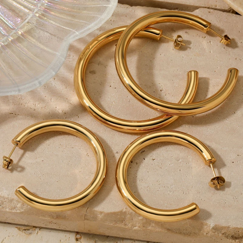 Exaggerated Hollow Thick Big Circle Hoop Earrings For Women Stainless Steel C-Ring Chunky Piercing Earrings Fashion Jewelry Gift 2
