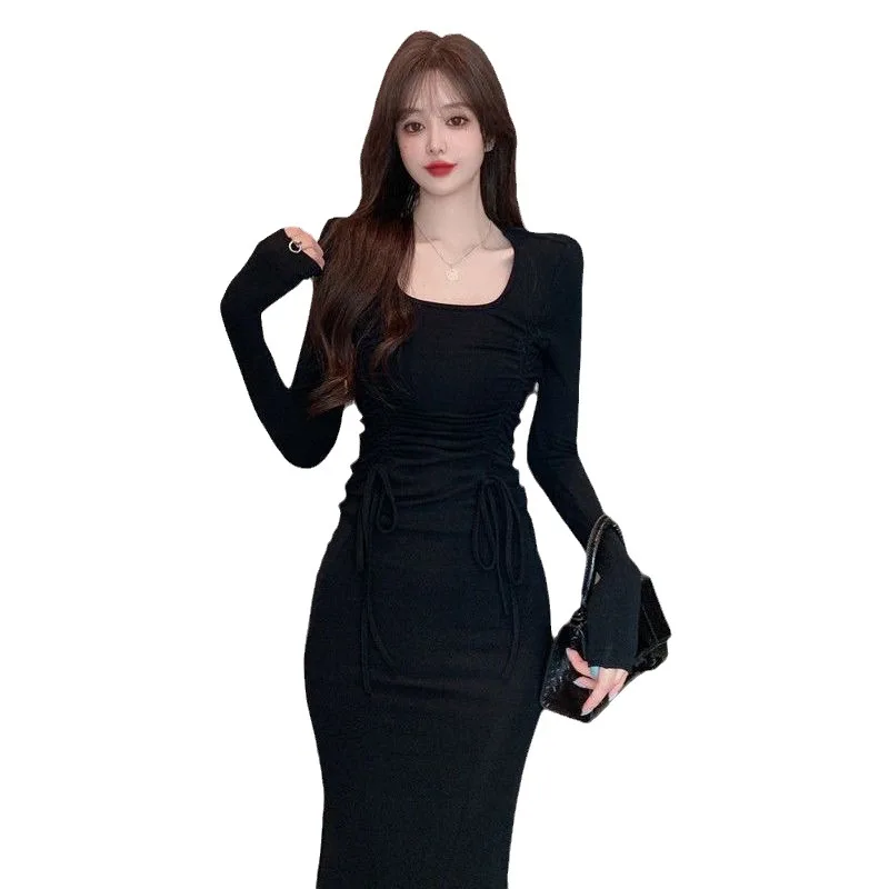 Drawstring Sheath Style Black Dress For Women Spring Autumn New French Slim  Fit Fishtail Dress Female Sweet Long Sleeve Dresses - AliExpress 200000345