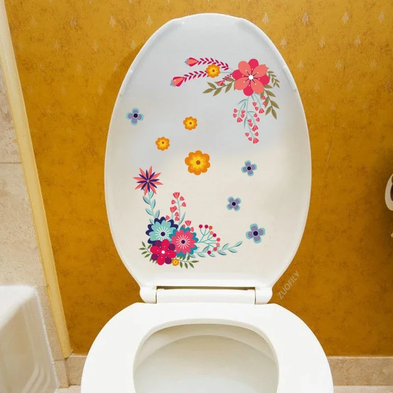 Ceative Floral Flower Toilet Stickers Mural Self-adhesive Removable Bathroom Decoration Sticker Cabinet Decors 1 Pc PVC Decal