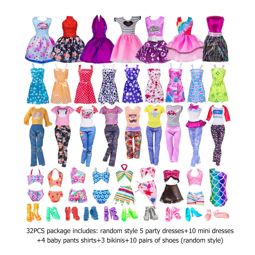 32pcs Doll Dressup Dress Polyester Doll Decorative Skirt Props Fairy Collection Clothes Random Style for Girls Gift 