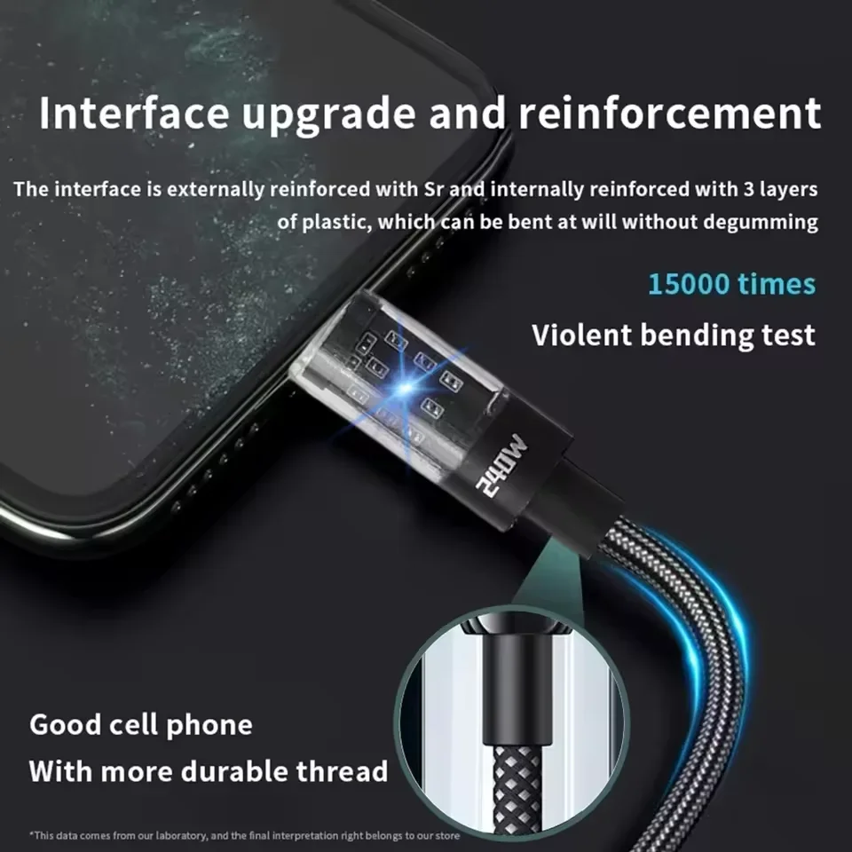 0.25/1/1.5/2M 240W 나일론 USB C PD 초고속 충전 데이터 케이블 LED 디스플레이 포함 USB to Type C 퀵차지 데이터 코드 신제품