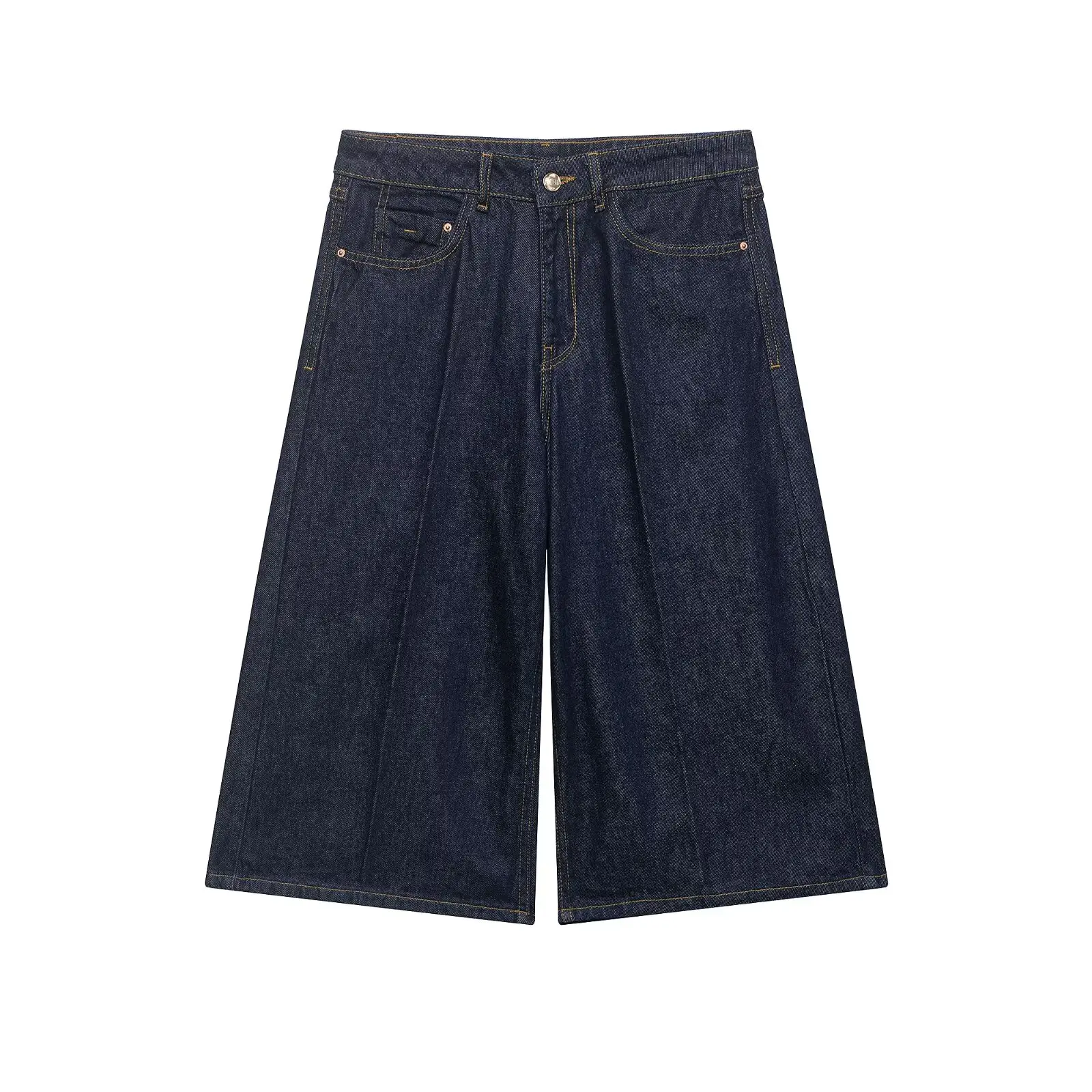 Women's Denim Long Casual Shorts Spring Summer Mid-waist Zipper Pockets Wide Leg Fashion Simple Loose Female Calf-Length Pants