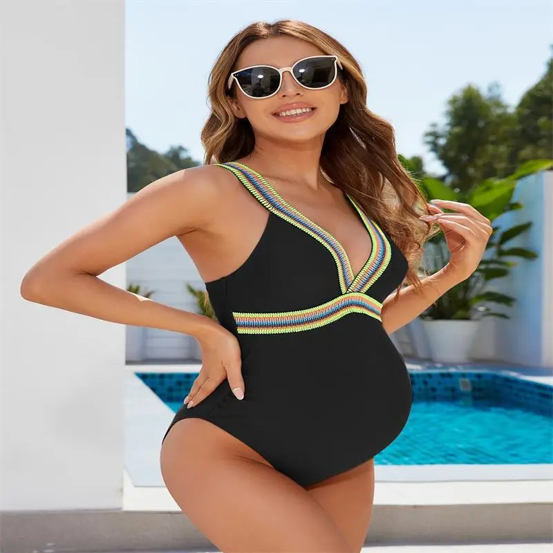 Premama V Neck Swmming Suits For Pregnant Women 2023 Summer Maternity One Piece Beachwear Bathing Suit Pregnancy Party Tankinis