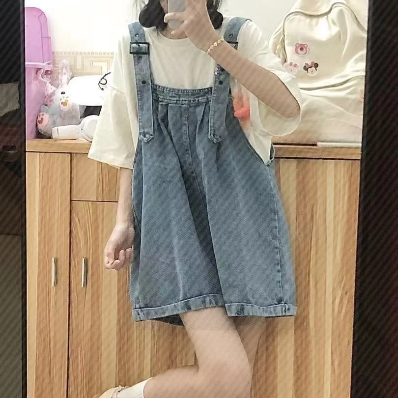 

Women's Summer High Waist Loose Strap Jeans Jumpsuit Sleeveless Short Denim Bodysuit
