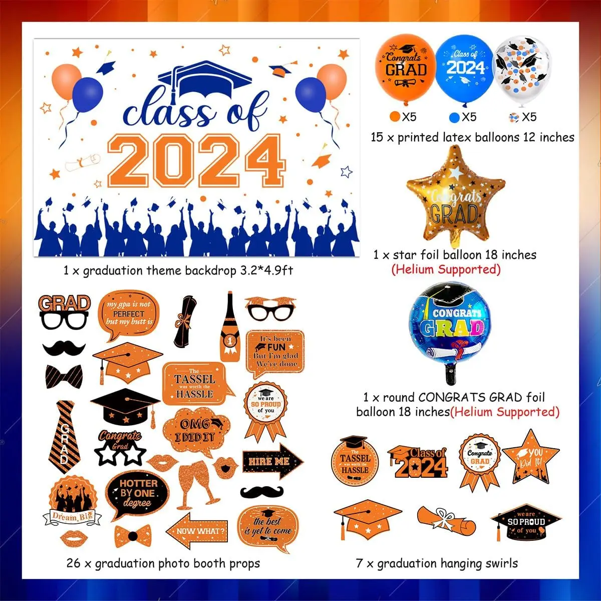 2024 Graduation Decorations Orange Blue, Graduation Backdrop Balloon Photo  Booth Props for Class of 2024 Grad Party Supplies - AliExpress