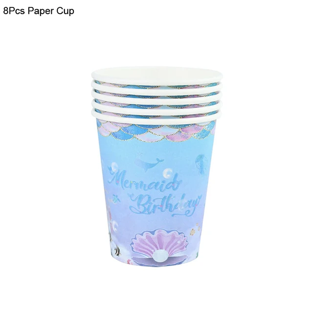 Mermaid Birthday Party Disposable Tableware Set Under The Sea Party Little Mermaid Girls 1st Birthday Decoration Shell Balloons 8pcs paper cup