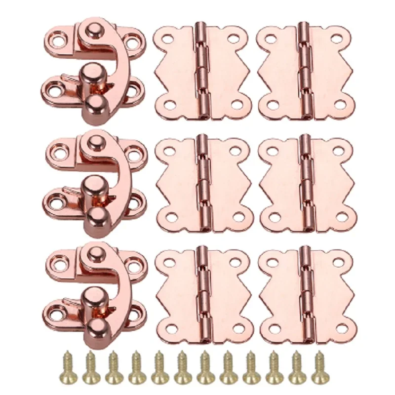Mini Latch Decorative Hasps with Box Butterfly Hinges 9Pcs/set Rose Gold for Wooden Jewelry Toolbox Cabinet with Screw