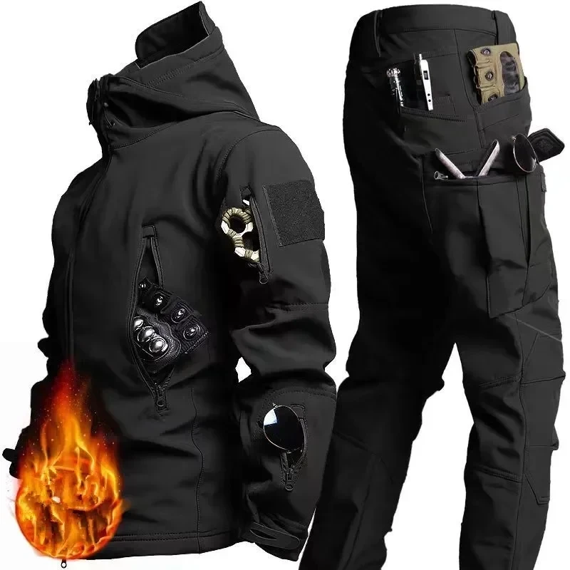 Sports Suit Shark Skin Material Soft Touch Shell Winter Plush Thickened Mountaineering Tactical Training Waterproof and Windproof
