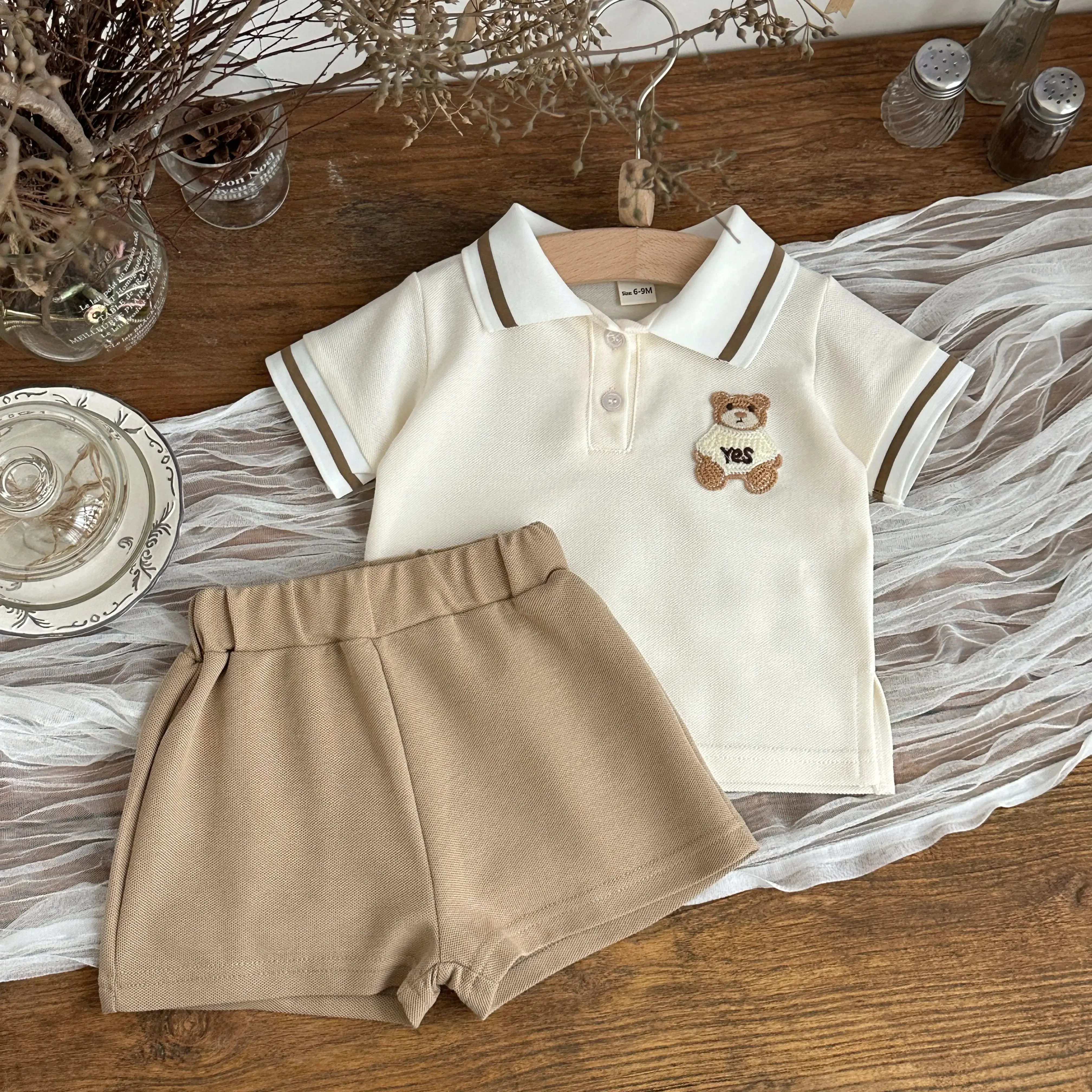 0-3Y Summer Baby Boy Girl 2PCS Bear Decoration Casual Set Lapel Striped Short Sleeve Top+shorts Cotton Children's Clothing 1