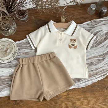 0-3Y Summer Baby Boy Girl 2PCS Bear Decoration Casual Set Lapel Striped Short Sleeve Top+shorts Cotton Children's Clothing 1