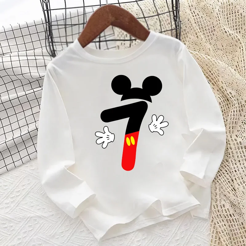 미키 마우스 숫자 리본 프린트 키즈 티셔츠 1 2 3 4 5 6 7 8 9세 생일 축하 긴팔 여아 의류  남아 티셔츠