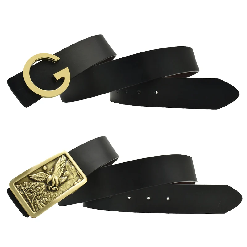

Classic Fashion Men Leather Belt Alloy Gold Silver Letter Retro Eagle Dragon Buckle Black Strap Versatile Jeans Casual Pants