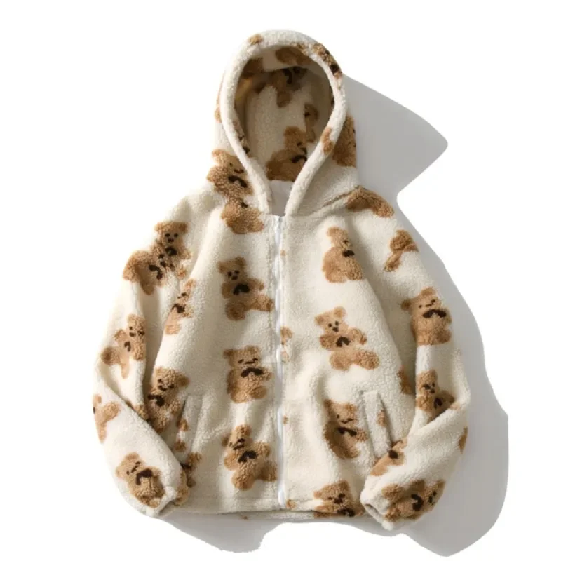 Harajuku herzförmigen Druck Plüsch Jacke Frauen Winter 2025, Koreanische Langarm Mit Kapuze Mantel Dicke Warme Paar Streetwear Oberbekleidung – Detail 16