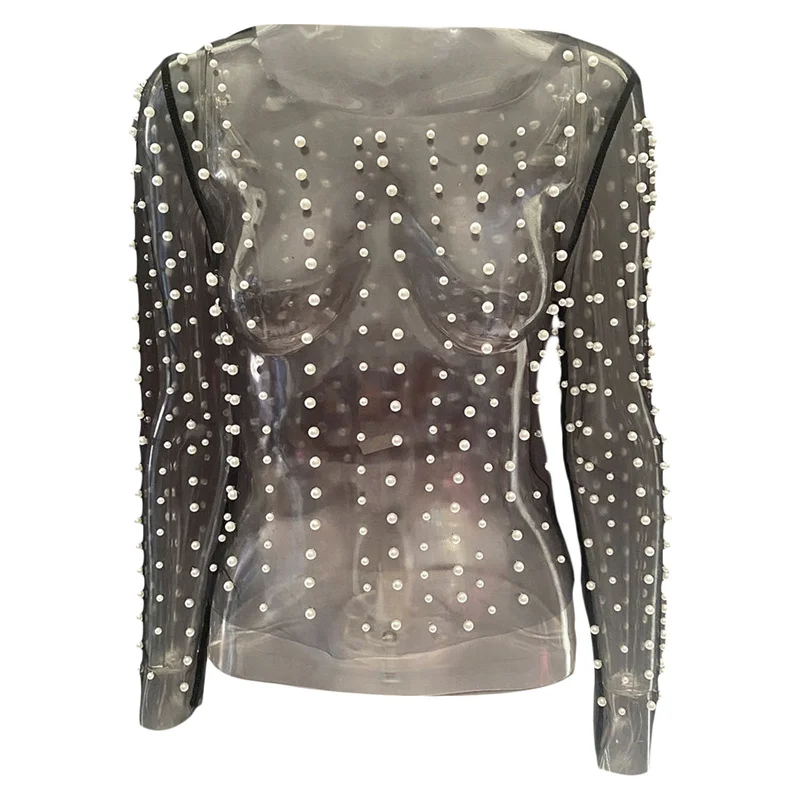 Sheer Mesh Top with Pearls Women y2k Clothing See Through Round Neck Long Sleeve T Shirt 2000s Clothes Party Clubwear