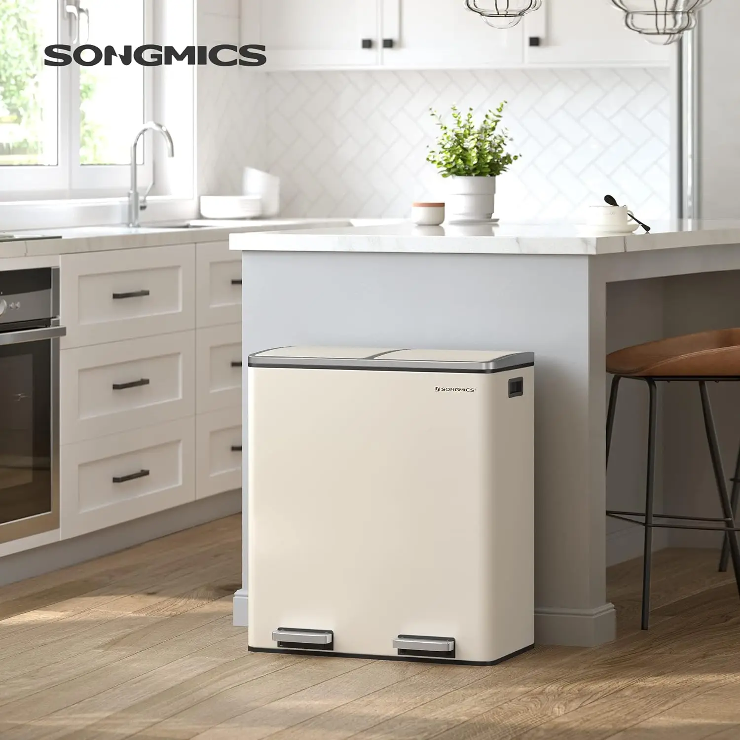 Trash Can 2 x 8 Gal Garbage Can for Kitchen with 15 Trash Bags 2 Compartments Plastic Inner Buckets and Hinged Lids