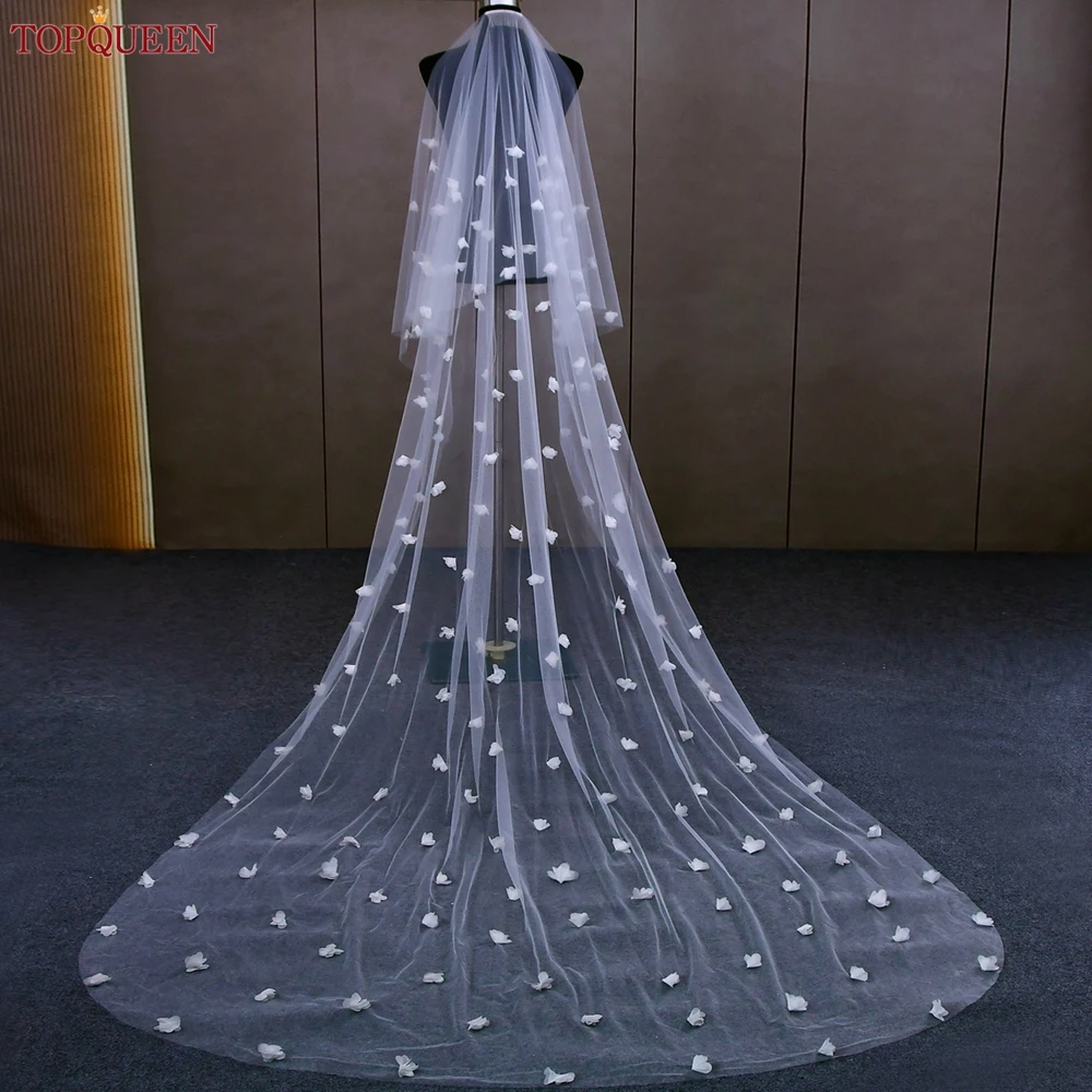 TOPQUEEN 3D Flowers Pearls Bridal Veil 3 Meter Luxury Long Wedding Veil Cathedral 2 Tiers Cover Face Bridal Accessory V190