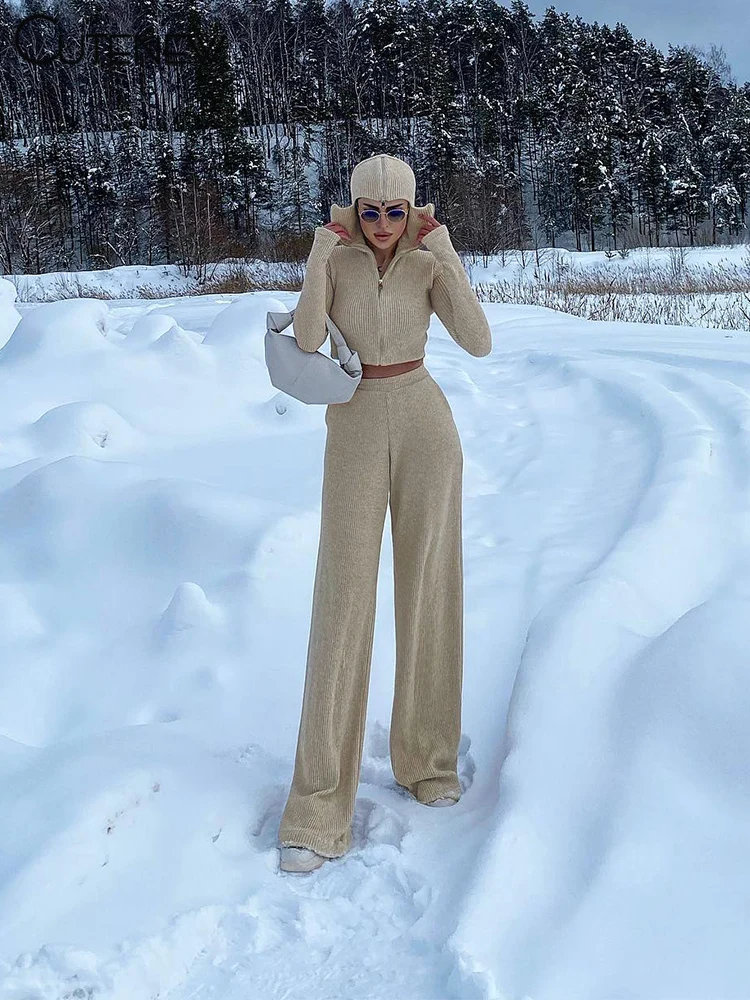 Classic Sporty Women 2Piece Set Concise Autumn Tracksuits Solid Hooded Zip-up Crop Tops+Matching Pants Female Knit Suits