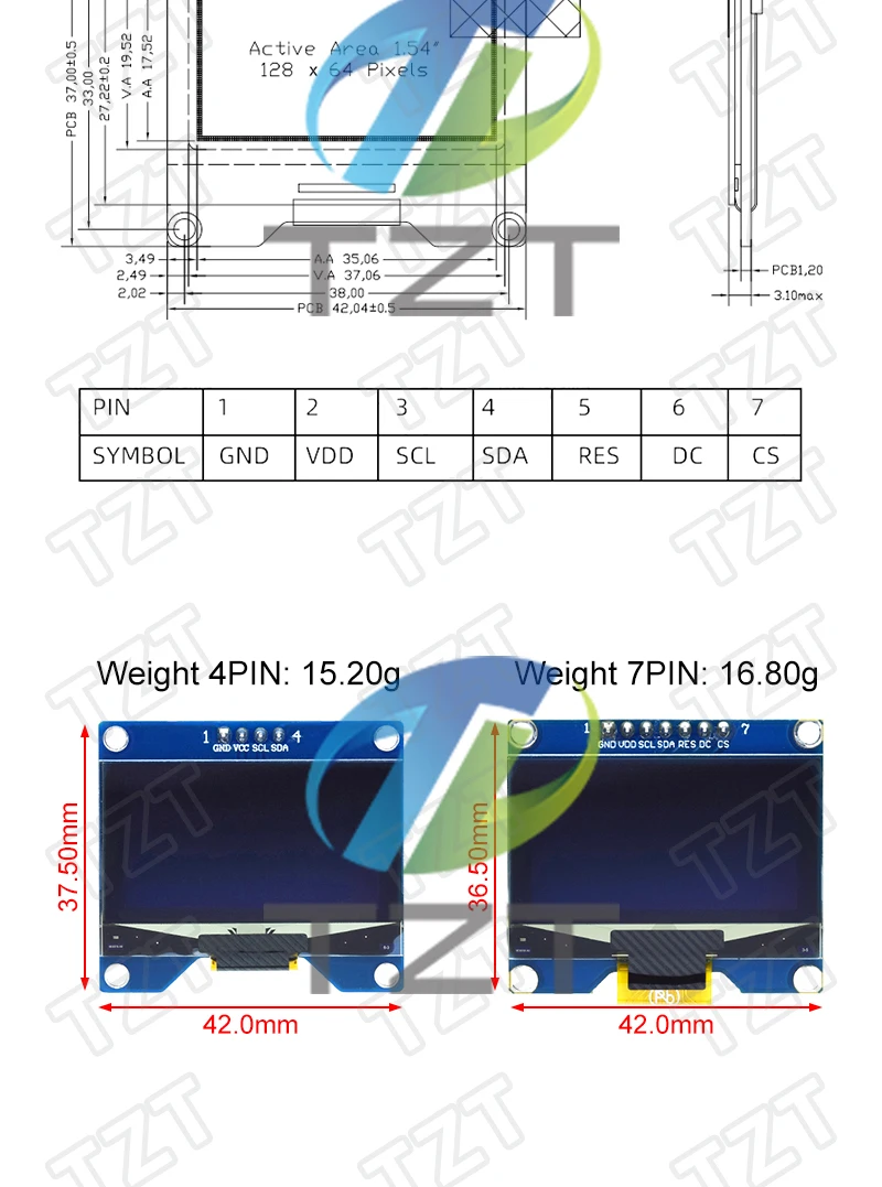 1,54 Zoll 4PIN 7PIN Weiß Blau Gelb OLED-Bildschirmmodul CH1116 Treiber-IC Kompatibel mit SSD1306 SPI-Schnittstelle 128*64 – Detail 3
