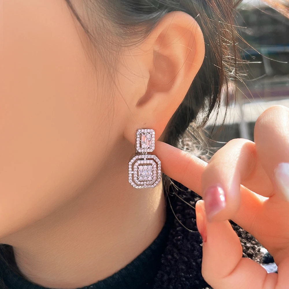 CWWZircons No Ear Hole Design Square Drop Dangle CZ Women Party Wedding Engagement Clip on Earrings Without Piercing CZ903 6
