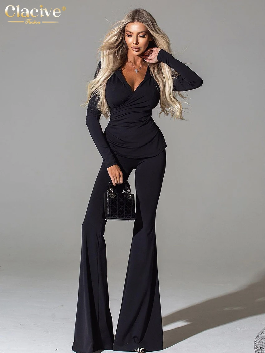 Clacive Bodycon Black Knitted Trousers Sets For Women 2 Pieces Fashion Long Sleeve Top With High Waist Wide Pants Set Streetwear