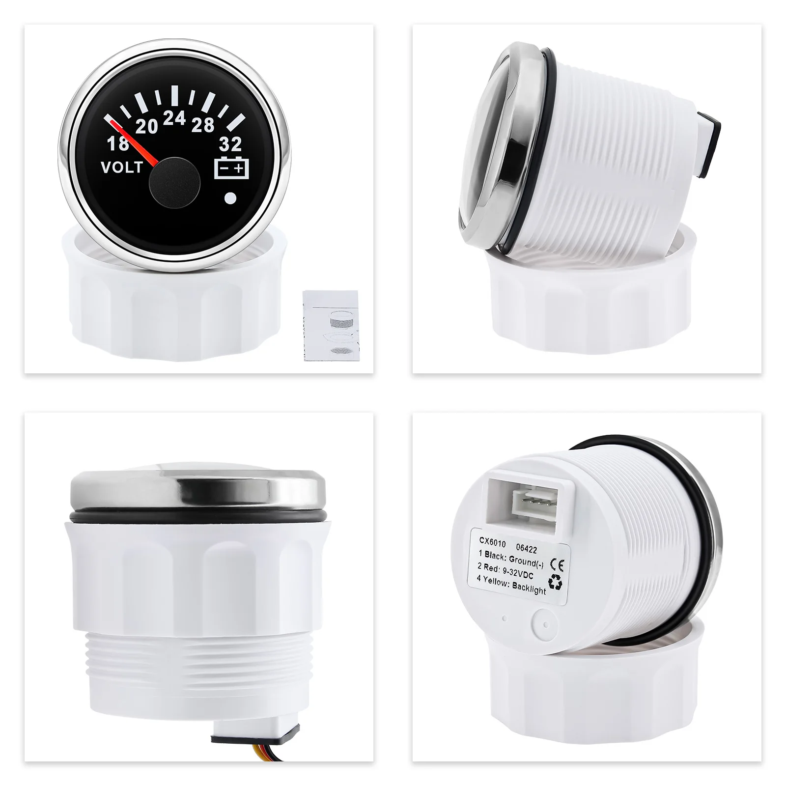 경고등 포함 빨간색 백라이트 전압계 게이지, 자동차 캐러밴 해양 보트 액세서리, 계량기, 52mm, 18-32 볼트