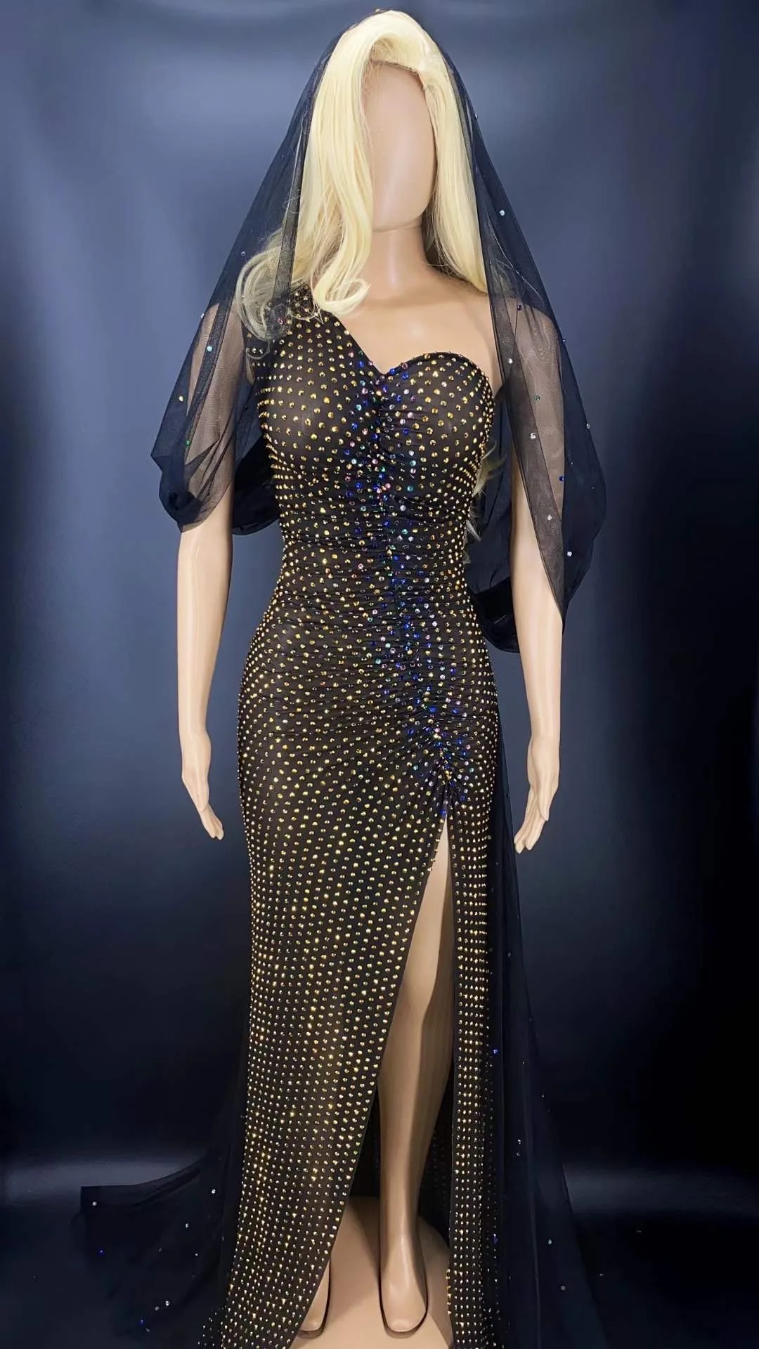 

Black Shining Rhinestones One Shoulder Gauze Lace Headdress Sexy Women Split Long Dress Festival Party Cloth Stage Costume