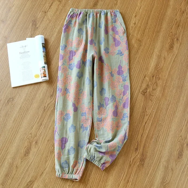 

2023 Beachwear Cotton Loose Pants Crepe Double Ladies Yarn New Home Women's Pajamas Spring Dyed Summer Sided