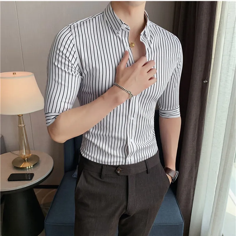 2023 Quality Business Formal Wear Men Striped Shirts Dress Tuxedo Short Sleeve Shirts Simple Slim Fit Casual Chemise Homme S-4XL