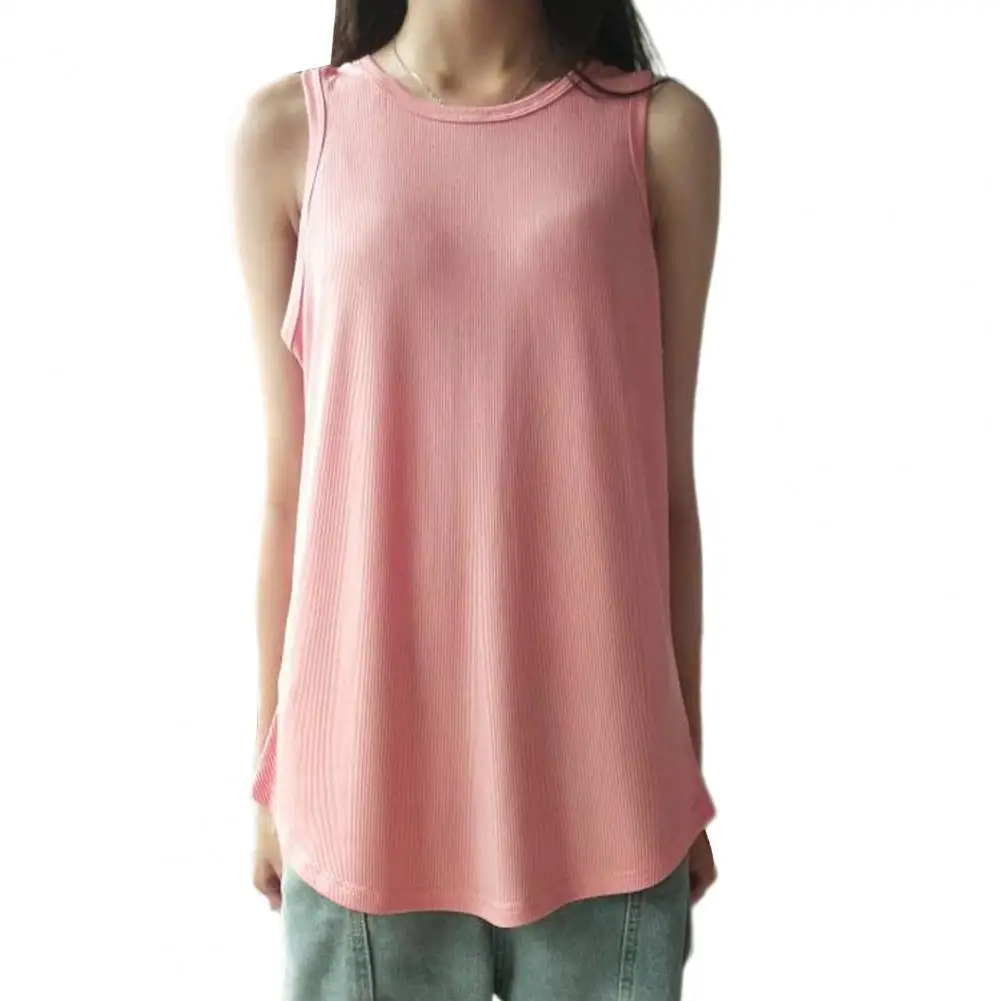 Round Neck Camisole Stylish Summer Vest for Women O-neck Loose Fit Tank Top Solid Color Pullover Streetwear Mid-length tank tops hollow out open back halter tie camisole in pink size l m s xl