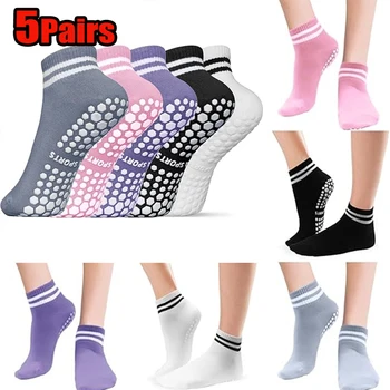 5 Pairs Yoga Socks Women Double Stripes Non Slip Pilates Socks Sport Running Gym Athletic Short Grip Sock