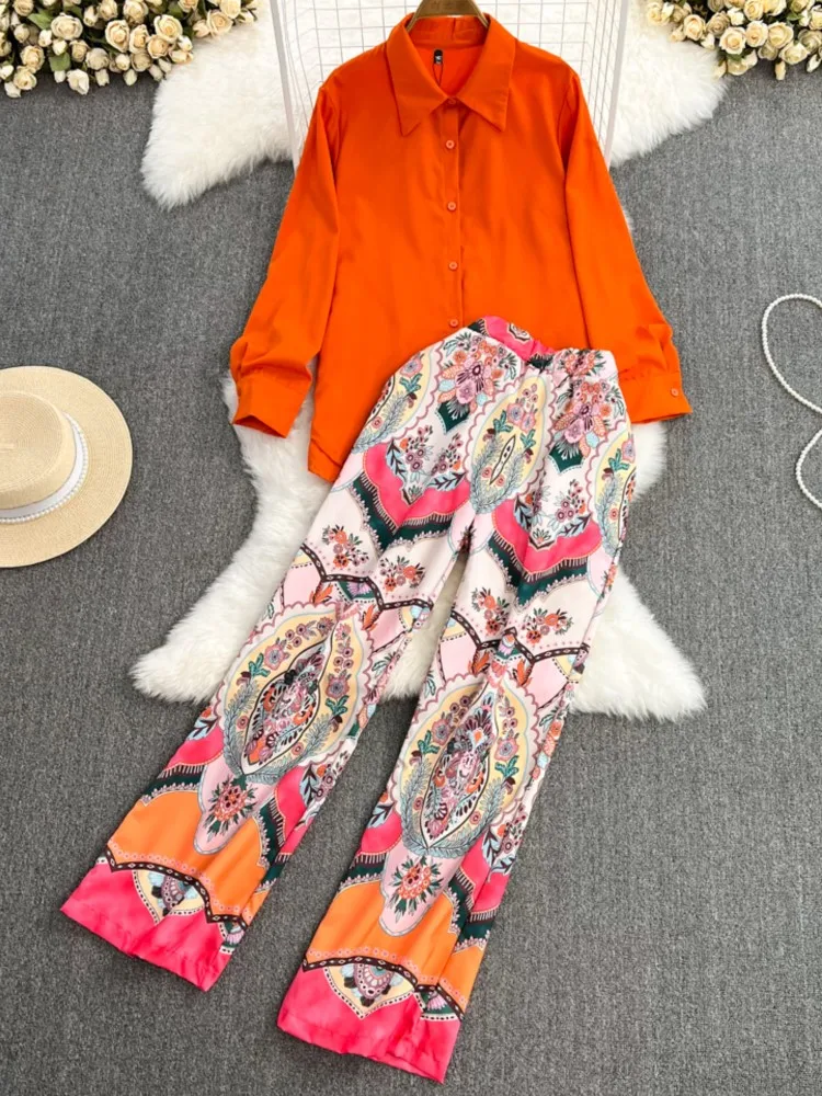 

New Fashion Floral Women Elegant Pant Suit Casual Long Sleeve Shirts Blouses Print Pantalons 2 Piece Female Holiday Clothes